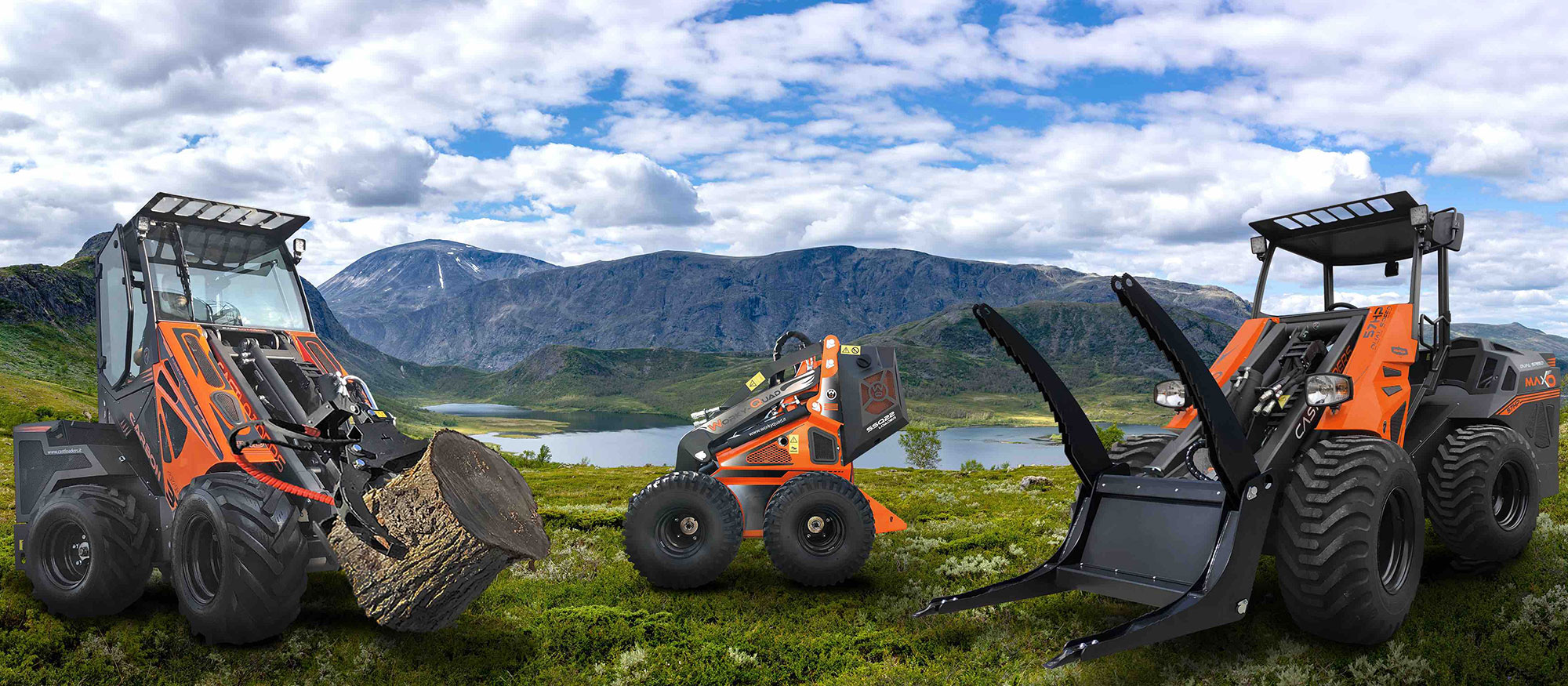 Cast Loader, Worky Quad, and MAXO loader in a mountain landscape